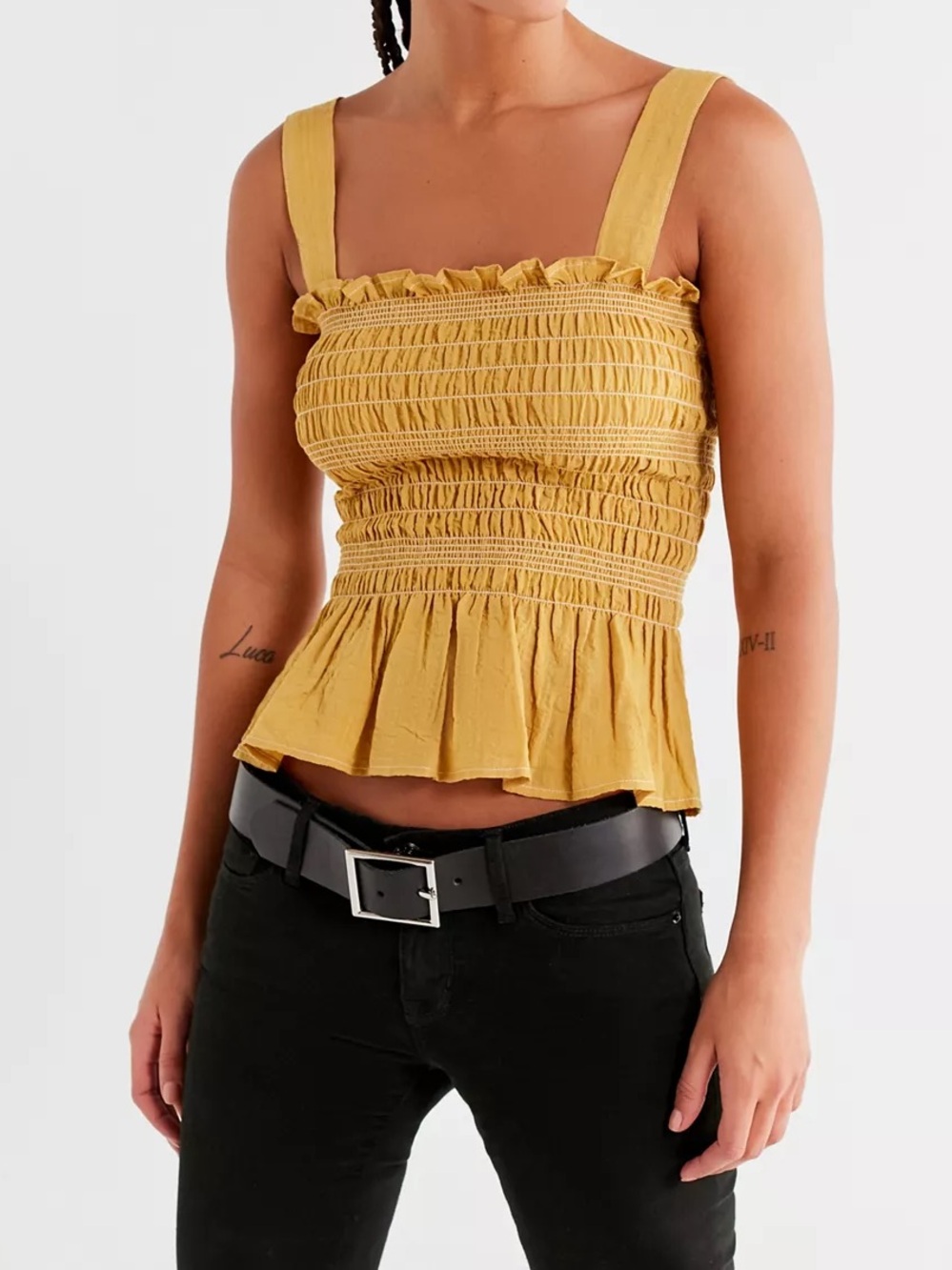 Urban Outfitters Smocked Square-Neck Cami Small Mustard Yellow Bohemian Summer